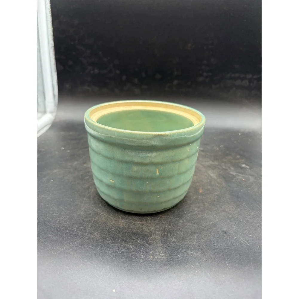 Vintage USA 1 Basketweave Stoneware Crock Sage Green Ceramic Planter Pot